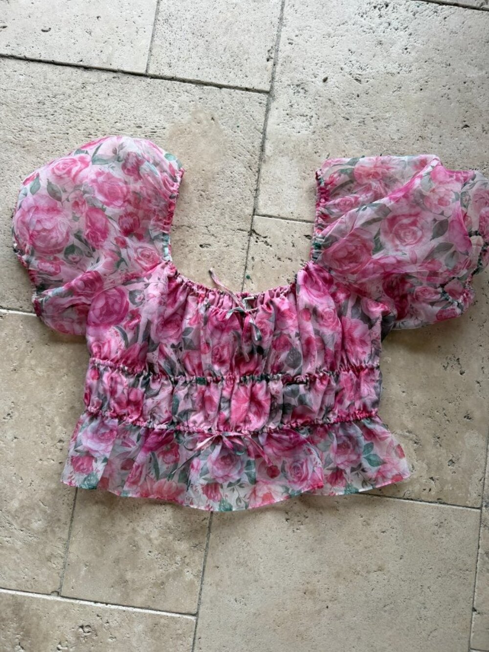 Joie Floral Crop Top Pink Rose Print Puff Sleeve Peplum Romantic whimsical L